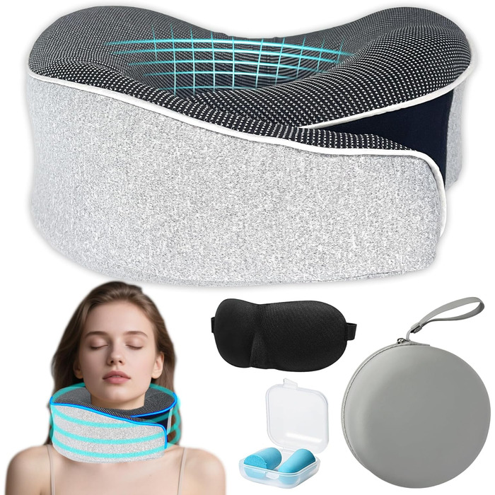 Подушка для шиї в літак, 360°, подушка для подорожей з піною з пам'яті, подушка-вушка для дорослих, комплект - ергономічна, з коробкою для зберігання, маска для сну та навушниками (сіра)
