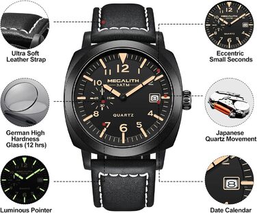 Чоловічий годинник MEGALITH Militär B-6: Водонепроникний годинник з LED-підсвічуванням, календар, сталевий корпус, шкіряний ремінь, кварцовий механізм