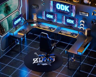 Ігровий стіл ODK 129x129 см з LED підсвіткою, розетками і USB, комп'ютерний стіл з великою полицею для монітора, карбон, чорний