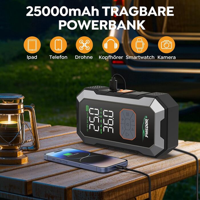 Пусковий пристрій (бустер) для авто 8000A з компресором 150 PSI та Powerbank 25000mAh, Jump Starter для бензинових та дизельних двигунів до 10.0L, з LED-ліхтарем, сріблястий