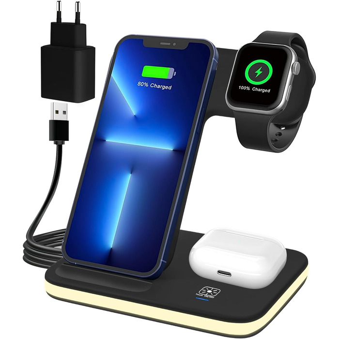 Зарядна станція 3-в-1 для Apple Watch та iPhone: бездротова зарядка для iPhone 16/15/14/13/12/11/Pro/Max/X/8/Plus та Apple Watch 10/9/Ultra/8/7/6/SE/5/4/3/AirPods Pro 4/3/2