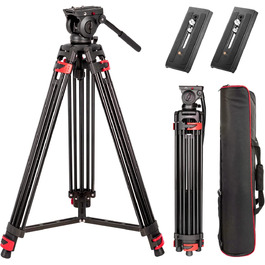 Штатив важкий 183 см, Lusweimi Професійний штатив для відеокамери з алюмінію, 2 швидкісні пластини, 360° Fluid-головка, середній розширювач, Макс. навантаження 7.7 кг