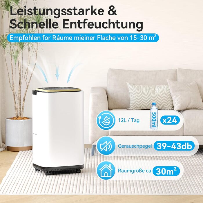 Електричний осушувач повітря JUMMICO 12л/день з датчиком вологості, 2.2л бак, LED-дисплей, шланг 1.5м, фільтр для дому, ванної кімнати