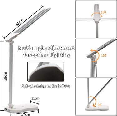 LED лампа настільна LQWELL® QM019 з диммуванням, USB-зарядкою, сенсорним керуванням та пам'яттю для дітей та офісу. 5 кольорів, 10 рівнів яскравості, металевий корпус, для захисту очей.