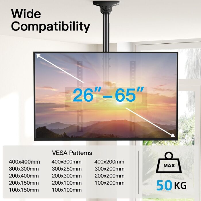 Full-Motion TV Ceiling Mount - Tilting and Swiveling, Adjustable for 26-65 inch Screens, 50kg Capacity, VESA 400x400mm