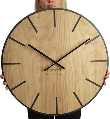 FLEXISTYLE Large Wall Clock without Ticking Sounds, Wood Art Black 60cm, Living Room, Bedroom, Made in EU, z216-2