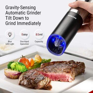 Електрична млинка для перцю та солі SOVIDER, USB-заряджання, регульований помел, LED-підсвітка, для ресторану та гриля