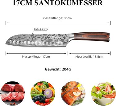 Японський ніж Sunnecko Santoku 17см - професійний кухонний ніж для приготування їжі, ніж шеф-кухаря, ніж для овочів та м'яса