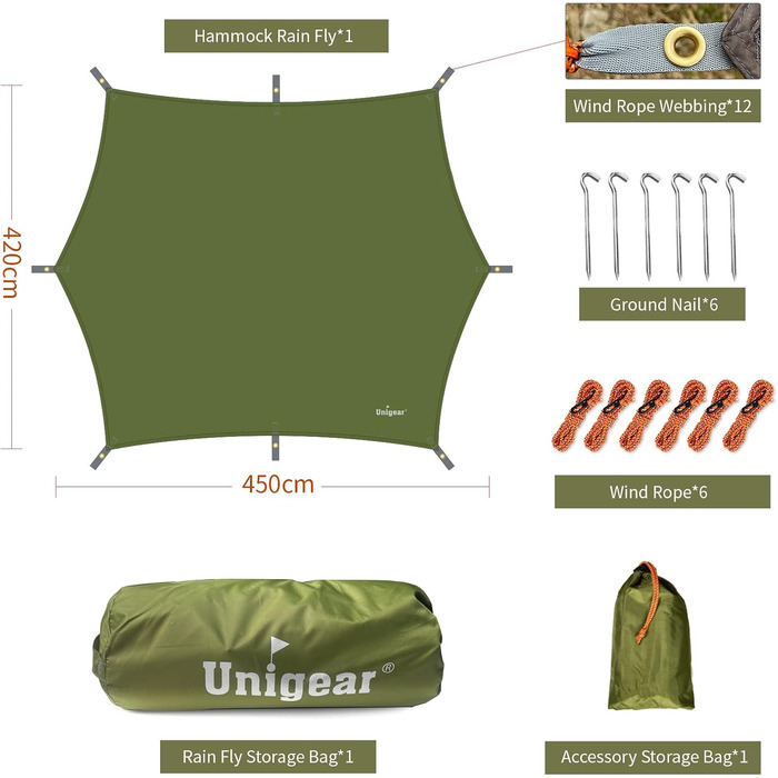 Намет-тент Unigear, 450x420 см, водонепроникний, зелений: для кемпінгу, пікніка, фестивалю