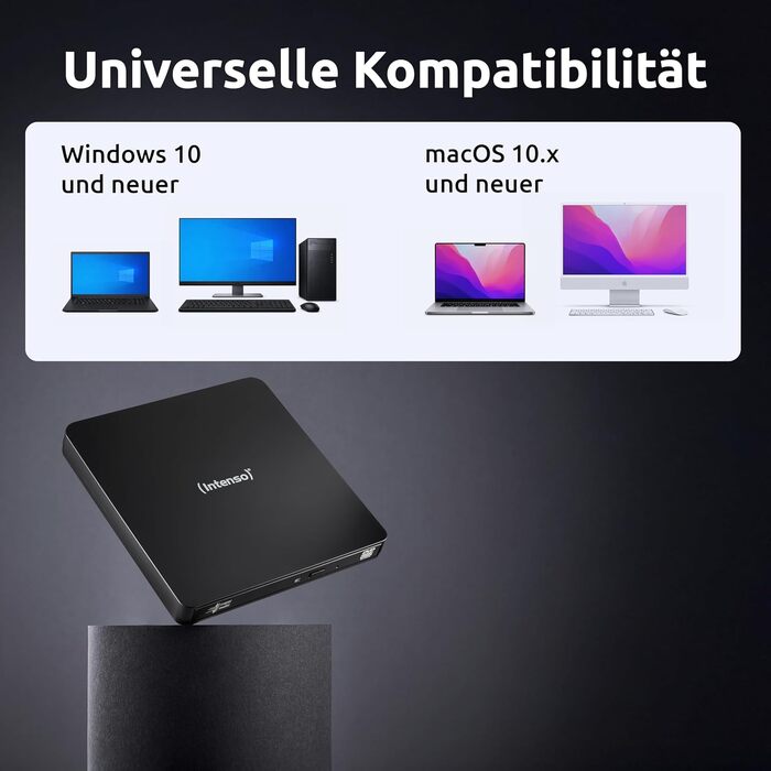 Зовнішній CD/DVD привід-записувач Intenso EOD 400D Slim, USB 3.2 (USB-C та USB-A), для ноутбуків та ПК, Windows та MacOS, чорний