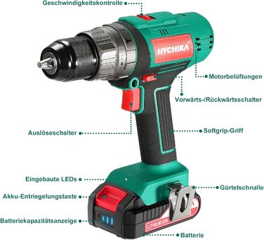 Акумуляторний шурупокрут HYCHIKA 18V, 45 Nm, 2.0 Ah, 27 предметів, 21+3 ступені, 2 швидкості, для свердління та закручування