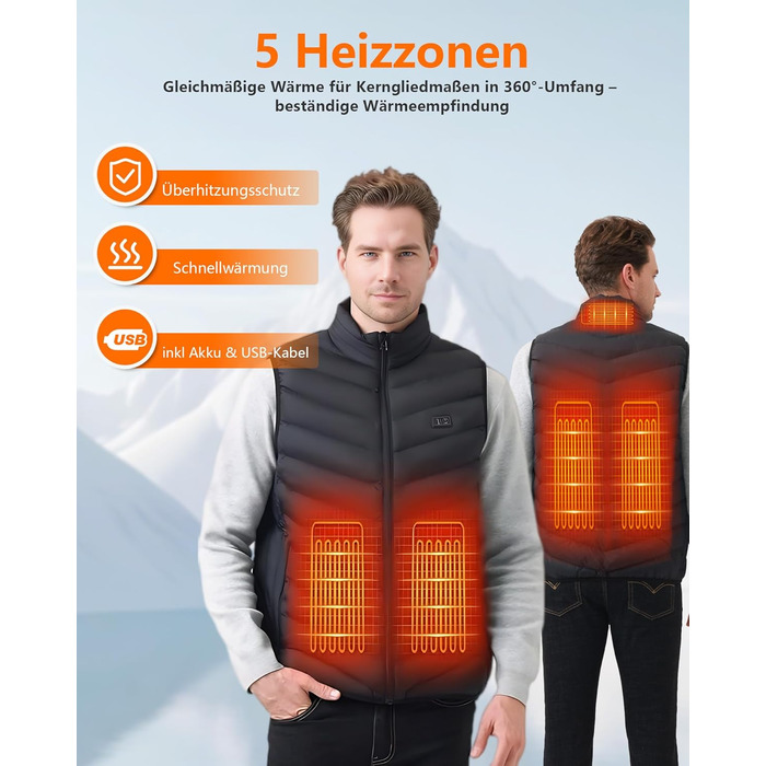 Гріюча жилетка для чоловіків та жінок з акумулятором 10000mAh, 5 зон обігріву, 3 режими температури, подвійне керування, чорна, для зимових активностей