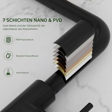 Змішувач кухонний DAYONE з висувною лійкою, нержавіюча сталь, 3 режими, поворотний на 360°, для кухонної мийки (15 см), матовий чорний