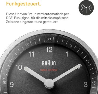 Braun Classic Analog Radio Alarm Clock, Central European Time Zone (CET/GMT+1) with Snooze Function and Illumination, Silent Movement, Crescendo Alarm, Black and Silver, Model BC07SB-DCF.