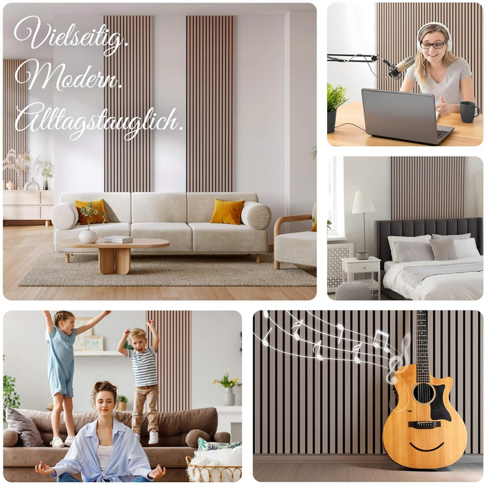 Акустичні панелі Arebos 10x60 см, настінна ламельна стіна в стилі темного дуба для стін та стелі, шумопоглинаючі декоративні панелі (набір 4 шт.)