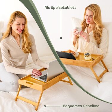 Бамбуковий приліжкові столики Blumtal з ніжками для планшетів/телефонів - столики для сніданку в ліжко - складаний приліжкові столики 50 x 30 x 6 см - сервірувальне піднос з ніжками - стабільний приліжкові столики з натурального дерева