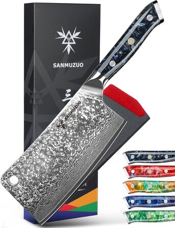 Ніж кухарський SANMUZUO Hackmesser 17 см, професійний, Дамаск, серія Xuan, VG10 сталь, ручка з епоксидної смоли (сапфірово-синій)