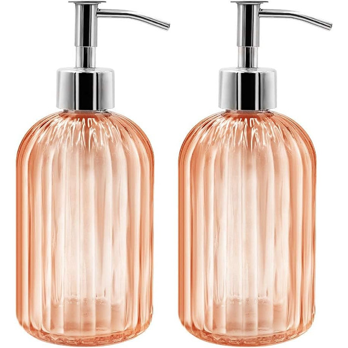 Набір з 2 скляних дозатори для мила з помпою, 400 мл, для мила, шампуню, лосьйону, багаторазові, для кухні, ванної, пральні (бурштиновий)
