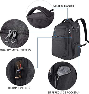 Рюкзак для ноутбука KROSER 17.3'' - бізнес, шкільний, для подорожей. З USB та RFID-кишенями (чорний)