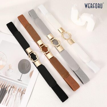 Жіночий еластичний пояс WERFORU (4 шт) – чорний, коричневий, білий, сірий, розмір 95-108 см, золота пряжка