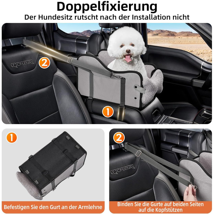 Автокрісло для собак та котів GGW | Безпечне автокрісло з подвійним кріпленням, водовідштовхувальне, з кишенями, швидка установка (сумісне з 99% підлокітників) (Сірий, стандартний стиль)