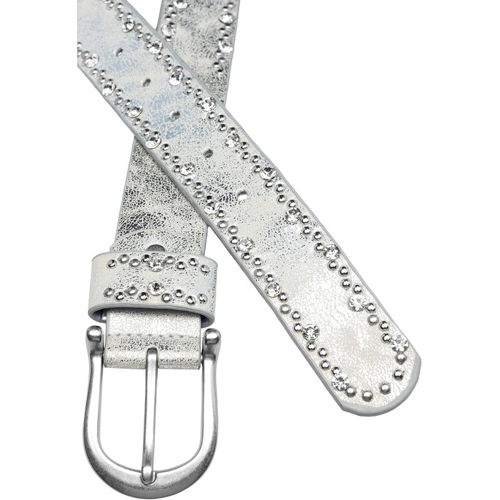 Жіночий ремінь Caspar GU292 сріблястого кольору з непомітним декором зі страз та заклепок, розмір 105-115 см