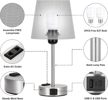 Настільна лампа Kakanuo з торшетом, 2 шт., з USB-портами та диммуванням, для спальні, вітальні, дитячої кімнати, офісу, тканинний абажур, колір: сірий-сріблястий