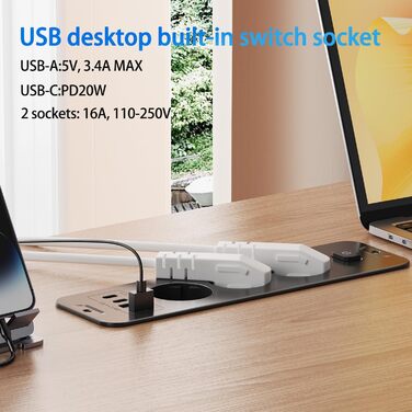 Мережевий фільтр 5 розеток з індивідуальним вимикачем, з 2 USB-A та 2 USB-C, розгалужувач розеток 5 розеток зі switch, мережевий фільтр настінний з 2м кабелем, PD 20W - (3 розетки 4 USB, Чорний)