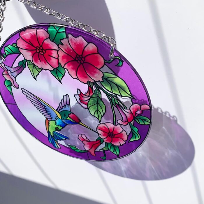 Stained Glass Window Hanging, Hummingbird Gifts for Women, Bird and Flower Window Sun Catcher, 6 inches, Purple Sun Catcher, Hand-Painted Glass for Bird Lovers (6 inches)