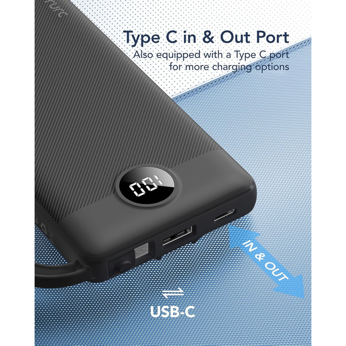 Power Bank VRURC 10000mAh з 4 кабелями, портативний акумулятор USB-C для iPhone/Huawei/Samsung, LED-дисплей, 5 виходів, чорний