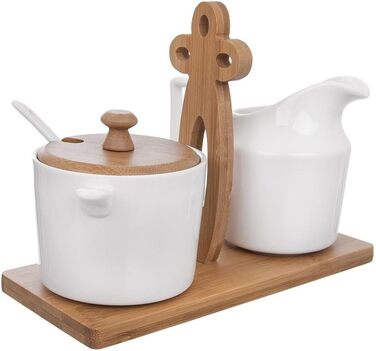 Sugar bowl and milk jug with wooden stand, sugar and milk set, 3 pieces.