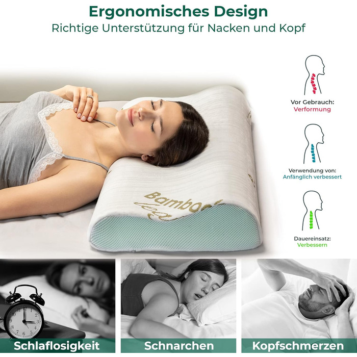 Flowen Orthopedic Neck Pillow Memory Foam Head Pillow Neck Pillow Ergonomic for Bed Helps with Neck Pain and Neck Support Pillow with Aloe Vera Treatment Washable Bamboo Cover