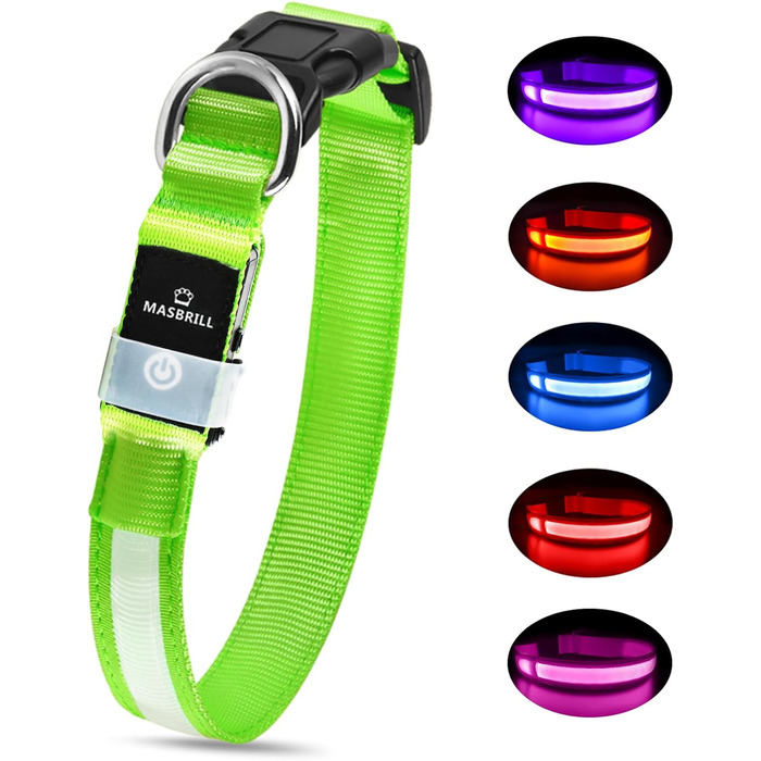 Світловідбиваючий нашийник для собак MABRILL з LED підсвічуванням, водонепроникний, регульований, 3 режими світла, зелений (L)
