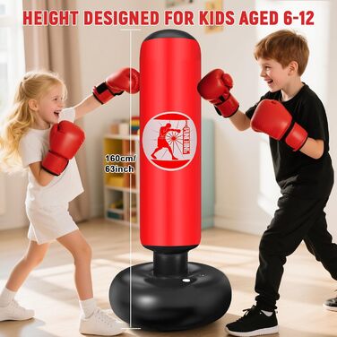 Дитячий боксерський мішок Qoosea для дітей 6-12 років, 160 см, надувний, з боксерськими рукавичками, для карате, кікбоксингу, таеквондо, MMA, червоний