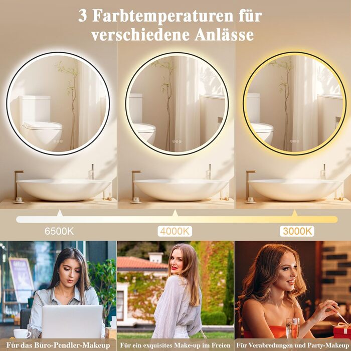 Дзеркало для ванної кімнати з підсвічуванням LED, антизапар, сенсорне керування, регулювання яскравості, 3 кольори світла, функція пам'яті, захист від вибуху, кругле дзеркало 50см (металевий каркас+bluetooth)