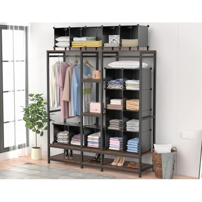 Wardrobe, Portable Shelving System, Plastic Closet with 2 Hanging Rods, Bedroom Wardrobe Closet White (Black)
