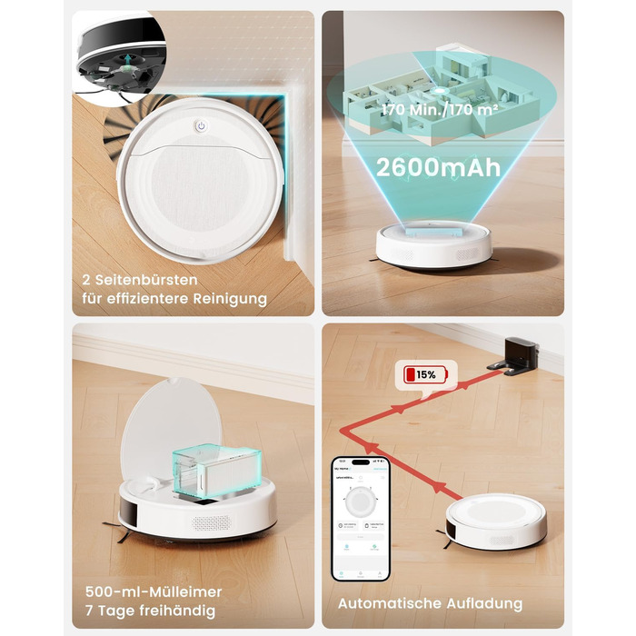 Робот-пилосос LEFANT M310 Ultra: потужність 6000Pa, вологе прибирання, лазерна навігація, керування через додаток та Alexa, захист від заплутування шерсті, білий