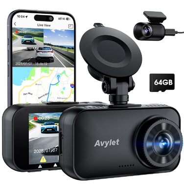 Автомобільний відеореєстратор Avylet 4K/2.5K+1080P з передньою та задньою камерами, 64GB SD карта, 5GHz WiFi, ADAS, 2.7