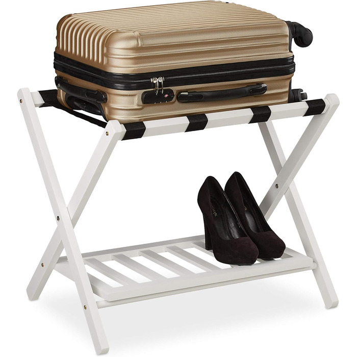 Relaxdays Folding Suit Stand, Suit Stool Wood, HBT: 54.5 x 66 x 44.5 cm, 2 Shelves, Suit Storage Hotel, white, 10029975_49