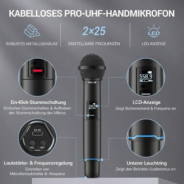 TONOR TW720 Бездротовий мікрофон Bluetooth з металевим корпусом, UHF, 100м, 2 шт. для караоке, вечірок, конференцій