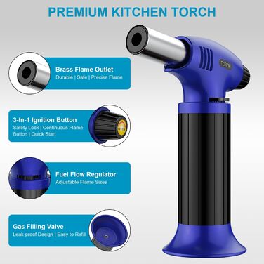 Нагрівач для крем-брюле, заправний, міні-розмір з регулюванням полум'я, для десертів, BBQ (бутан не входить) (синьо-чорний)