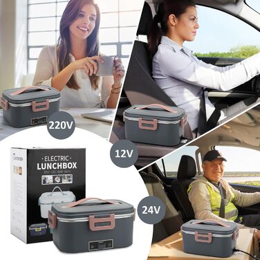 Electric Lunch Box 100W, 3-in-1 Portable Heated Lunch Box, 1.8L Stainless Steel Removable Food Container, 12V/24V/220V Insulated Food Warmer Box for Car/Truck/Office (Gray, 1.8 L)