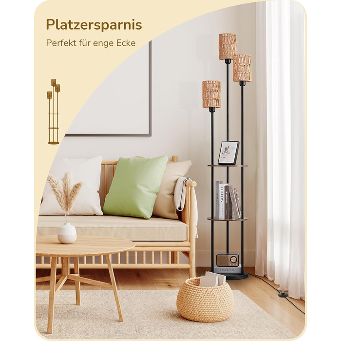 Стійка лампа EDISHINE для вітальні, вінтажна 3-лампова модель з полицею та абажуром з ротангу, 3 патрони E27, з лампочками, бохо-лампа з вимикачем на нозі для спальні та офісу, 178 см (Вінтажний коричневий)