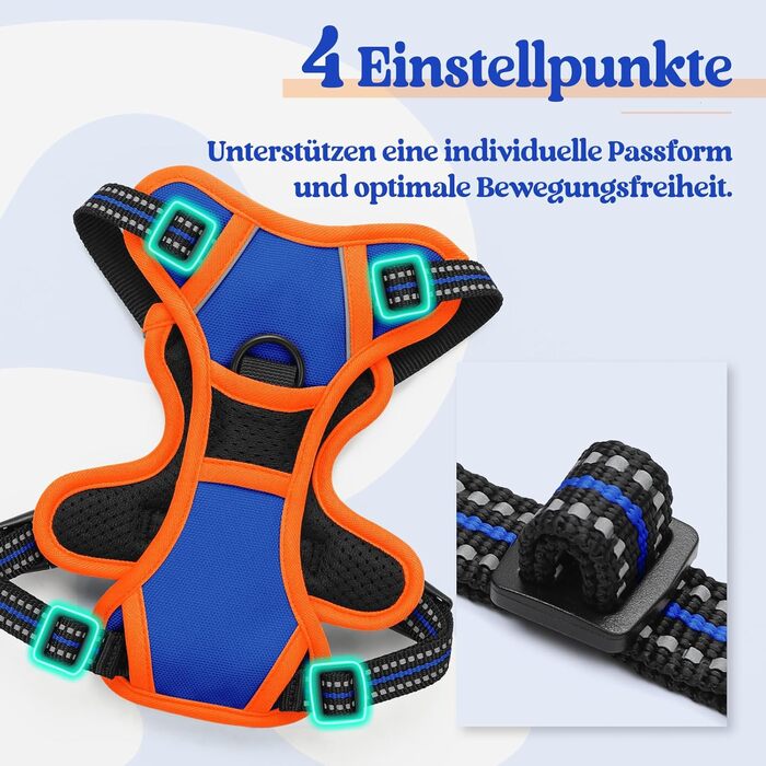 Нашийник для собак Rabbitgoo середнього розміру, анти-тяга, регульований, для великих собак, дихаючий, з світловідбиваючими смугами, безпечне керування, L (Синій+Помаранчевий, XS (1 шт.))