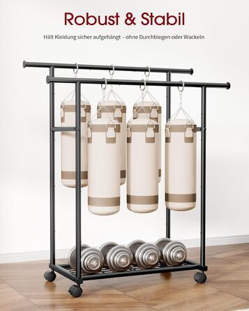 Стійка для одягу на колесах з подвійною перекладиною та сітчастим дном, 98 x 42 x 150 см, Чорний