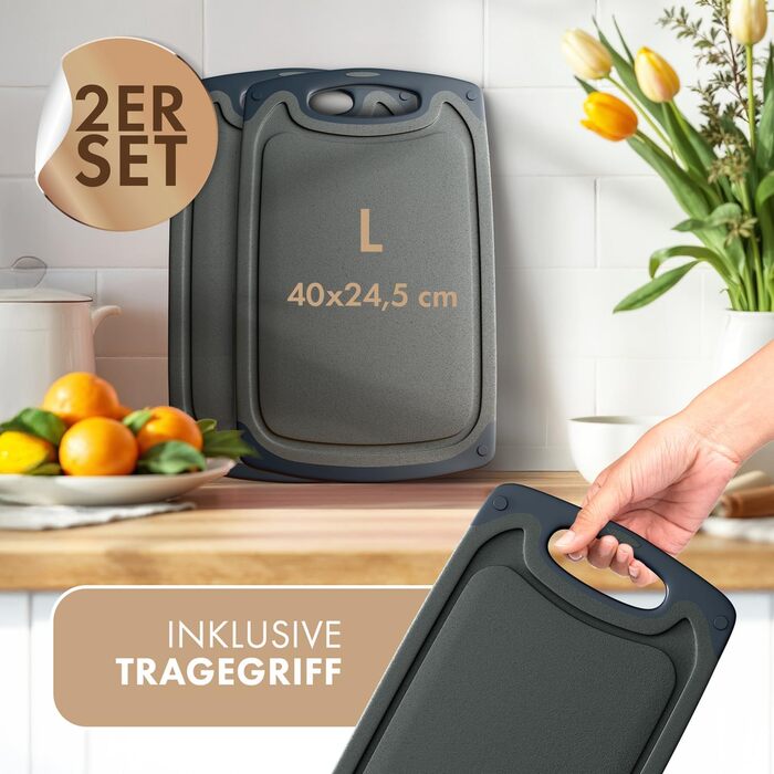 Набір дерев'яних обробних дощок Blumtal (S/M/L) - 2 шт. з канавками для соку та ручкою - Кухонна дошка BPA free, придатна для миття в посудомийній машині (Сірий)