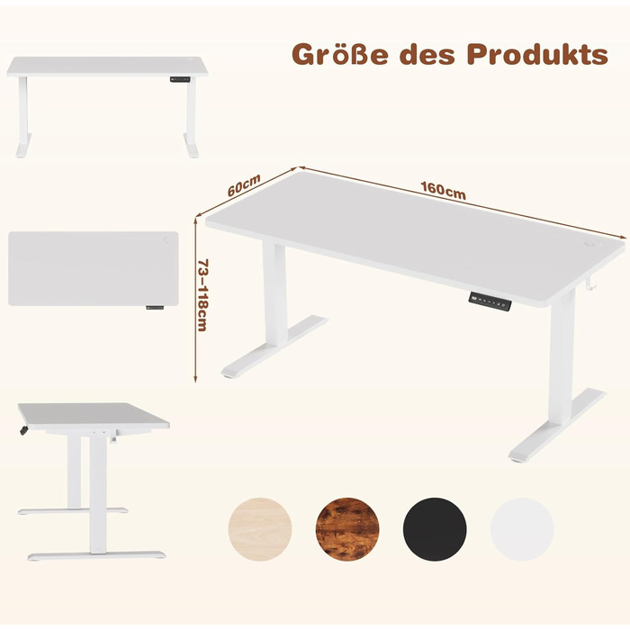 Devoko Adjustable Height Desk, Electric Standing Desk with Desktop - 73-118cm, 2 Memory Settings, Office Desk, Collision Detection (White, 160x60cm)