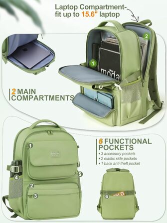 Шкільний рюкзак FIORETTO для дівчаток-підлітків, жіночий, з відділенням для ноутбука 15.6', водонепроникний, легкий, 25L, для школи та подорожей (зелений)