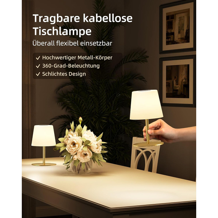 Настільна LED лампа EZVALO бездротова, 2 шт., IP65, 4500mAh, USB-C, диммер сенсорний, 3 режими світла, золота. Лампа для кемпінгу, спальні та столу.