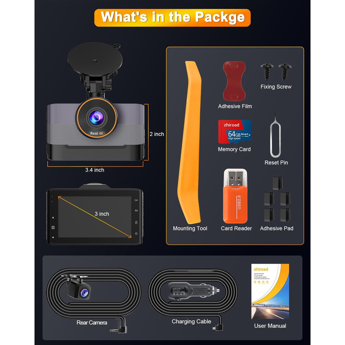 Відеореєстратор Auto Dashcam 4K+1080P з Wi-Fi, 64GB, IPS 3' екраном, Нічне бачення, G-сенсор, Loop-запис, 170°+140° Кут огляду, Паркінг 24/7, Керування через App, Підтримка до 256GB